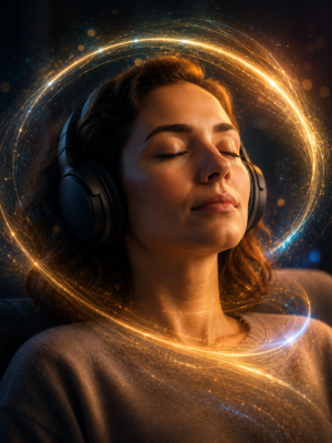 Femeie relaxată cu căști audio, înconjurată de un vârtej de lumină aurie – BrainTune Premium